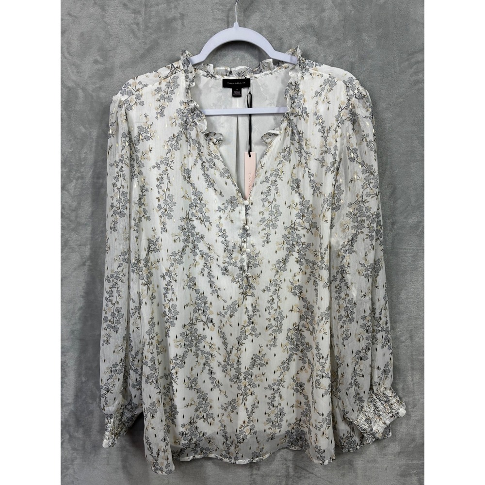 Tamara H Floral Metallic Ruffle Neck Blouse White Gold 2X NEW